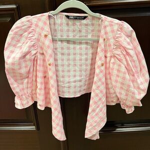 Zara Pink Gingham Plaid Crop Top Puff Sleeve